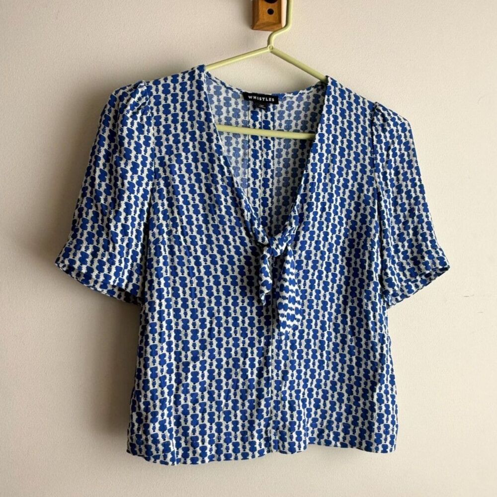 Whistles Blue & White cropped blouse with tie neckline (US 2 / UK 6 / EU 34)